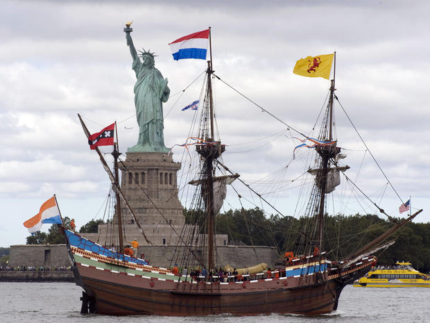 A replica of the Dutch ship Half Moon sails past the Statue of Liberty Sept. 13, 2009, in New York Harbor to commemorate English navigator Henry Hudson's sail into the harbor in 1609 aboard the Half Moon. 