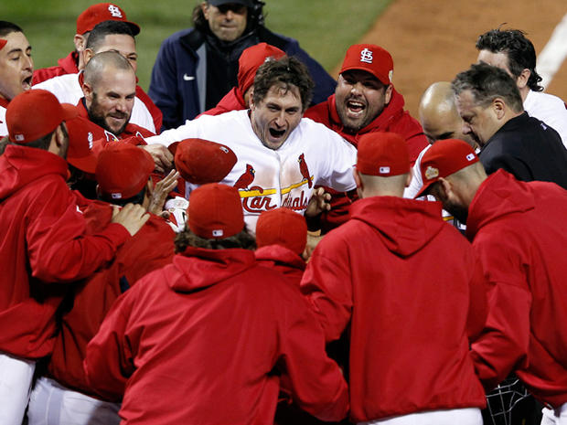 Cardinals' celebrate after David Freese walk-off home run 