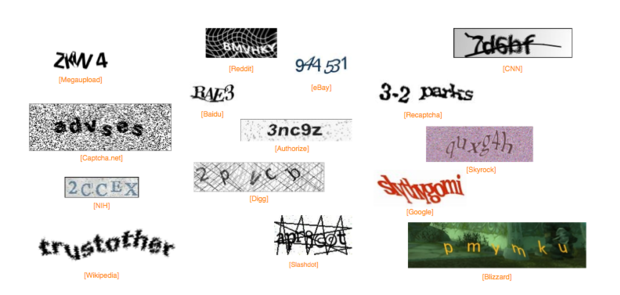 Examples of popular Captchas (Completely Automated Public Turing test to tell Computers and Humans Apart) 