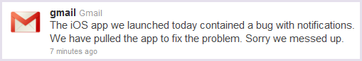 Gmail apology tweet for broken iPhone app 