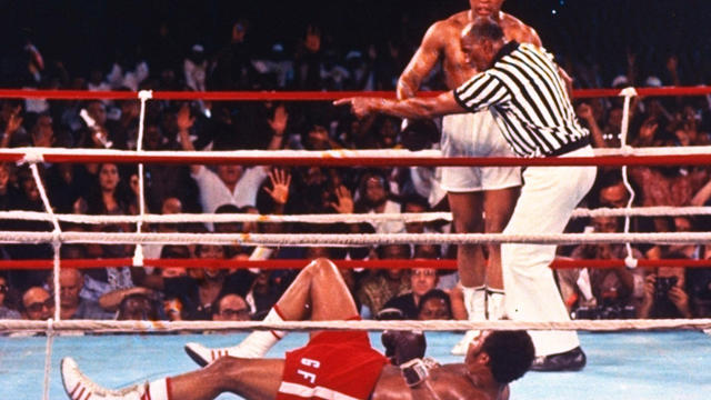 Muhammad Ali knocks down George Foreman 