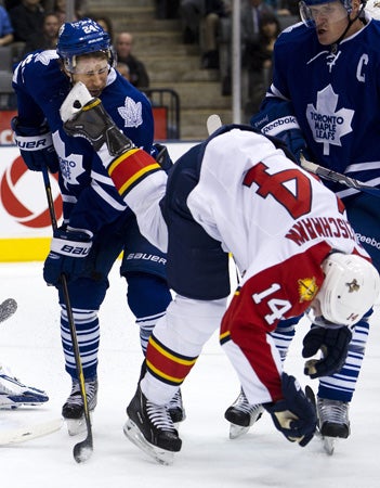 John-Michael Liles takes a skate in the face  