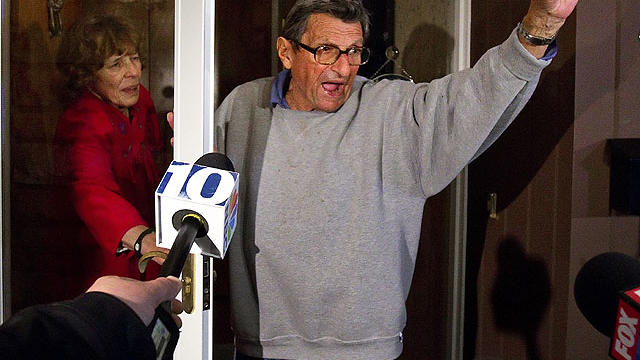 Penn State coach Joe Paterno and his wife Sue address Penn State students from the front porch of their house after the legendary coach was fired amid a school child abuse scandal, Nov. 9, 2011. 