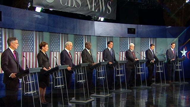 Eight candidates for the Republican nomination for president of the United States are seen at the CBS/National Journal Debate in Spartanburg, S.C., Nov. 12, 2011. 