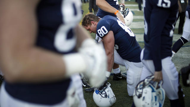 Penn State tight end Andrew Szczerba takes a knee after their 17-14 loss 