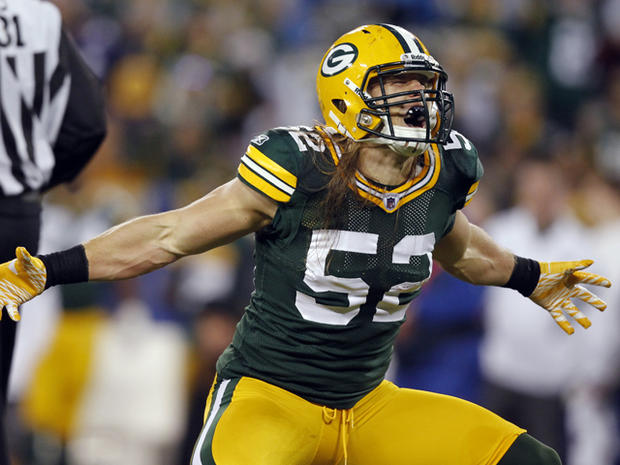 Clay Matthews  reacts after sacking Christian Ponder  