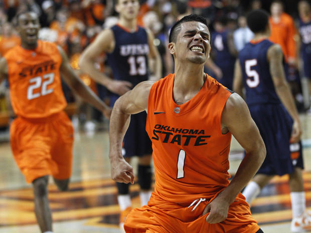 Cezar Guerrero reacts at the end of Oklahoma State's 90-85 win 