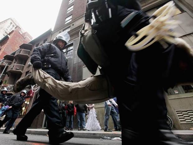 Protesters affiliated with Occupy Wall Street are arrested by police a few blocks from the New York Stock Exchange Nov. 17, 2011, in New York City. 