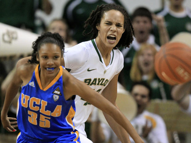 Brittney Griner reacts to slapping a ball away 