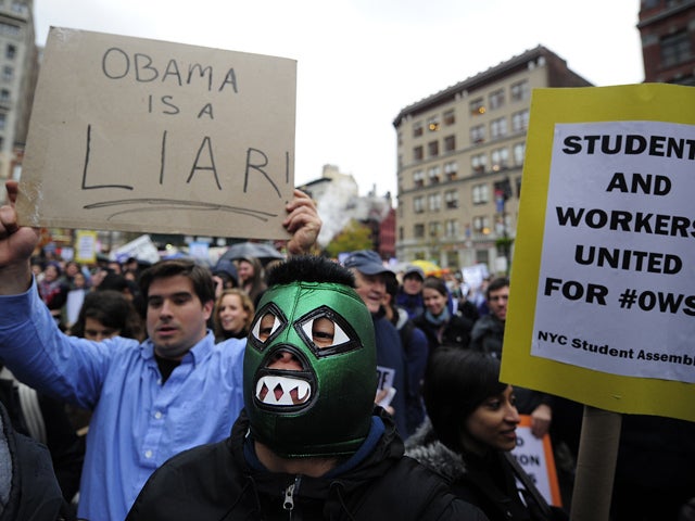 Occupy Wall Street supporters stage a protest on Union Square in New York Nov. 17, 2011. 
