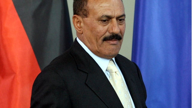 Yemeni President Ali Abdullah Saleh speaks to the press at the Chancellery Feb. 27, 2008, in Berlin. 