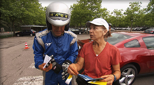 "The Amazing Race" contestants Bill and Cathi at the Ford Proving Grounds in Lommel, Belgium