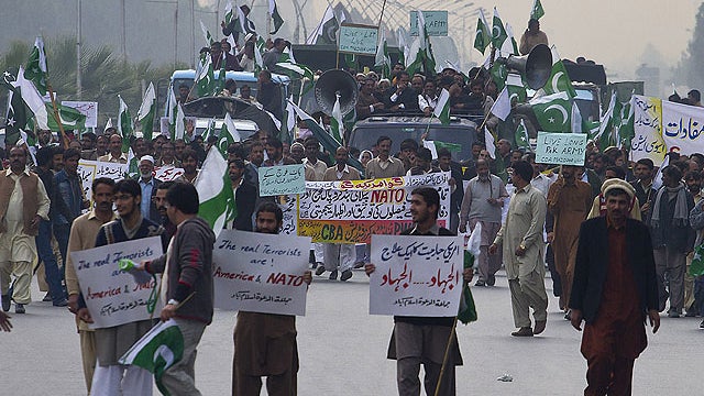 Pakistanis take part in an anti NATO rally in Islamabad, Pakistan on Thursday, Dec. 8, 2011. 