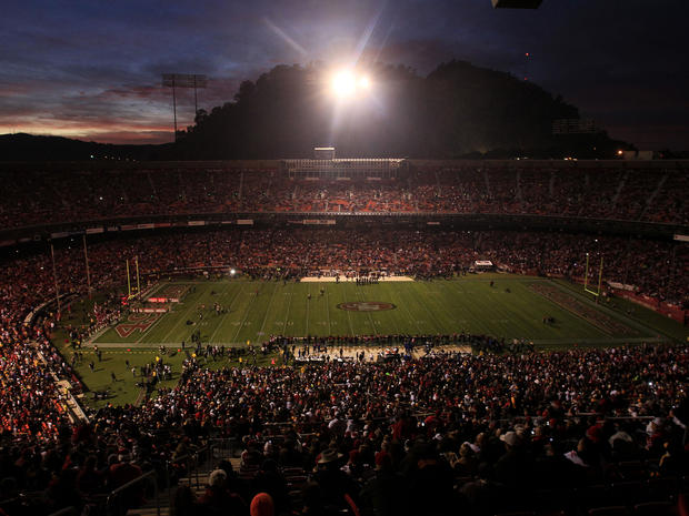 Candlestick Park is dimly lit during a power outage 