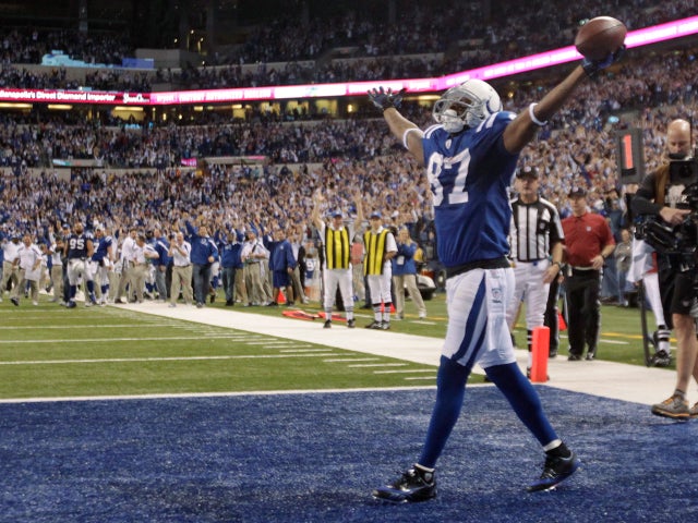 Reggie Wayne exults after his touchdown catch  