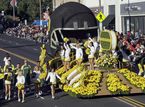 The University of Oregon float and spirit squad is seen in the 123rd Rose Parade in Pasadena, Calif., Monday, Jan. 2, 2012.  