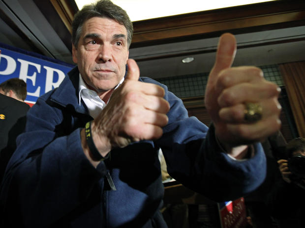 Texas Gov. Rick Perry reacts after speaking to local residents during a campaign stop at the Hotel Pattee Jan. 2, 2012, in Perry, Iowa. 