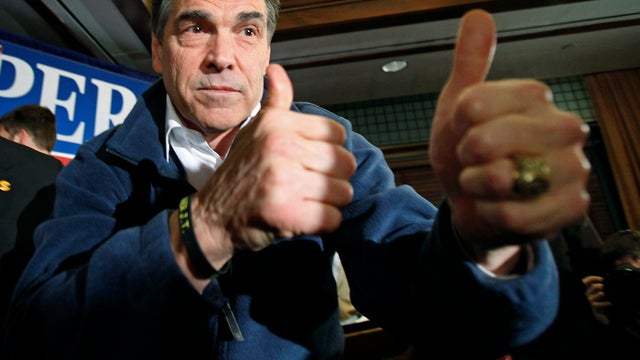 Texas Gov. Rick Perry reacts after speaking to local residents during a campaign stop at the Hotel Pattee Jan. 2, 2012, in Perry, Iowa. 