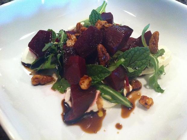 Beet Salad with Candied Pecans, Mint and Goat Cheese Mousse 