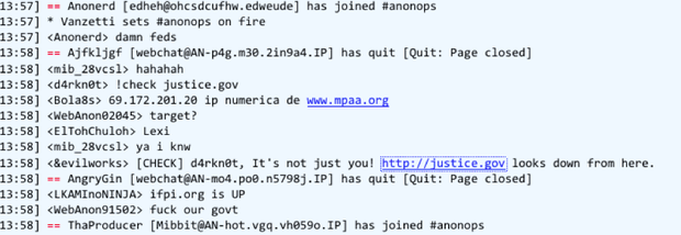 Anonymous supporters discuss targeting U.S. government Web sites in this screenshot of a chat session from today. 