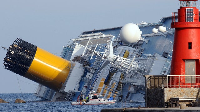 The stricken cruise ship Costa Concordia is viewed from the port of Giglio Porto Jan. 19, 2012, on the island of Giglio in Italy. 