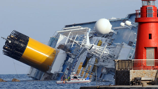 The stricken cruise ship Costa Concordia is viewed from the port of Giglio Porto Jan. 19, 2012, on the island of Giglio in Italy. 