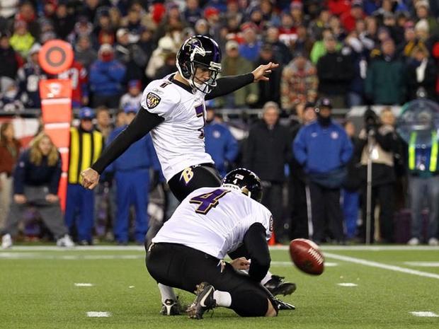 FOXBORO, MA - JANUARY 22: Billy Cundiff #7 of the Baltimore Ravens miss a game tying field goal late in the fourth quarter against the New England Patriots during their AFC Championship Game at Gillette Stadium on January 22, 2012 in Foxboro, Massachusetts. (Photo by Al Bello/Getty Images) 