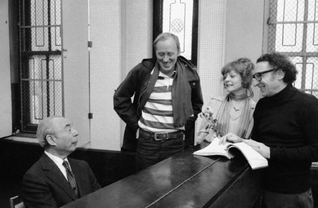 Nicol Williamson, center, prepares for the opening of his newest musical "REX" with composer Richard Rodgers, left, and fellow actors on Jan. 19, 1976, in New York. 