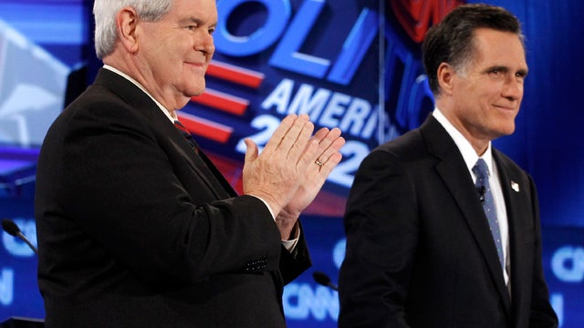 Former Speaker of the House Newt Gingrich and former Massachusetts Gov. Mitt Romney participate in a debate sponsored by CNN, the Republican Party of Florida and the Hispanic Leadership Network at the University of North Florida Jan. 26, 2012, in Jacksonv 
