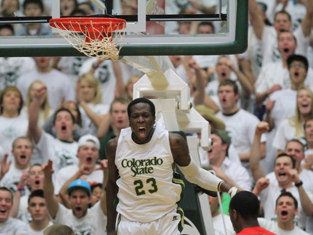 Will Bell reacts after a slam dunk 