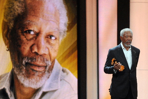 Actor Morgan Freeman holds his trophy in the category "International Lifetime Achievement" during the 47th Golden Camera award ceremony in Berlin, on Feb. 4, 2012.  