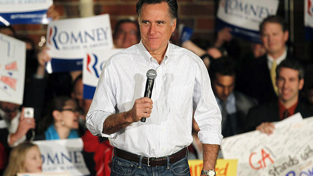 Republican presidential candidate, former Massachusetts Gov. Mitt Romney speaks at a campaign rally in Atlanta, Feb. 8, 2012.  