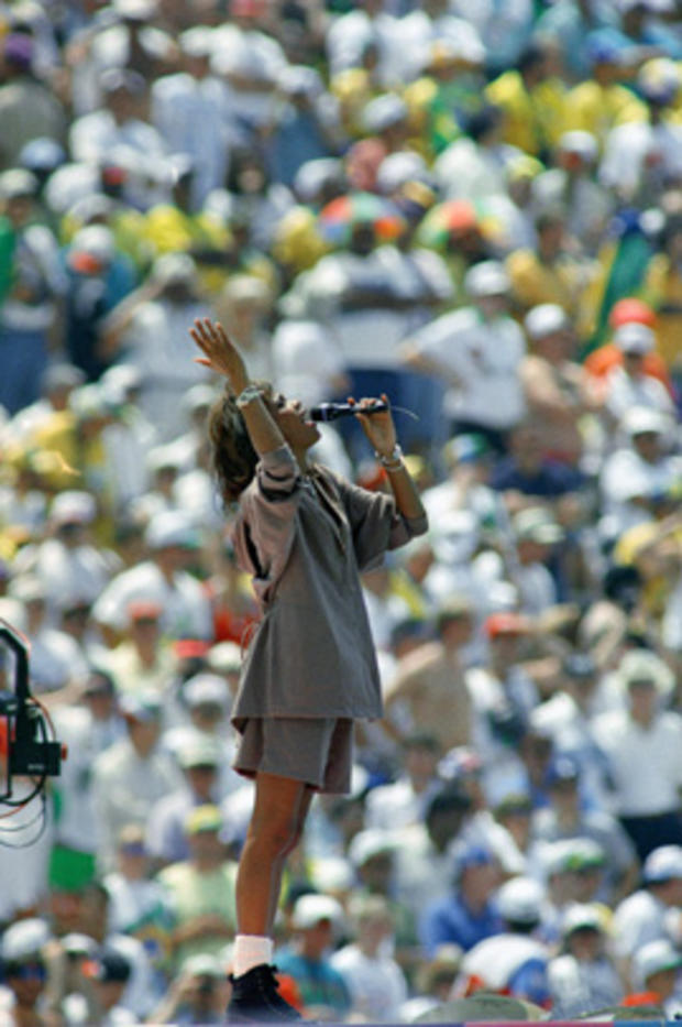 July 17, 1994, file photo, Whitney Houston performs before a sellout crowd at the Rose Bowl in Pasadena, Calif. 