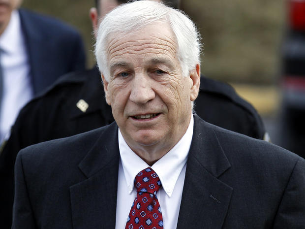 Jerry Sandusky, a former Penn State assistant football coach charged with sexually abusing boys, arrives at the Centre County Courthouse for a bail conditions hearing Feb. 10, 2012, in Bellefonte, Pa. 