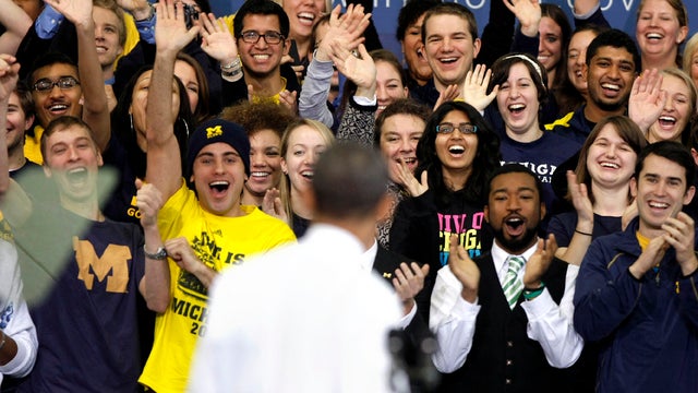 Students cheer as President Obama appears at the University of Michigan Jan. 27, 2012, in Ann Arbor, Mich. 