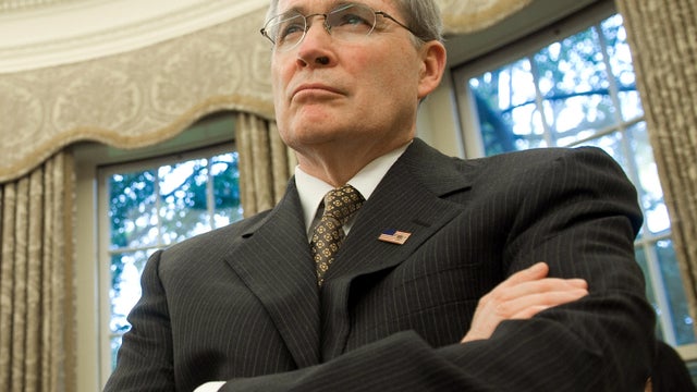 U.S. National Security Adviser Stephen Hadley listens as President George W. Bush meets with Paraguay's President Fernando Lugo in the Oval Office of the White House in Washington Oct. 27, 2008. 