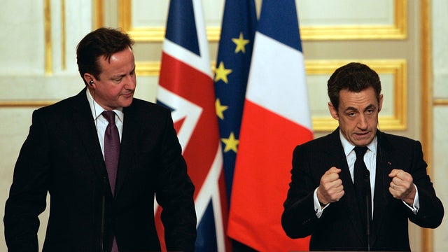 France's President Nicolas Sarkozy, right, and British Prime Minister David Cameron give a press conference during a Franco-British summit at the Elysee Palace Feb. 17, 2012, in Paris. 