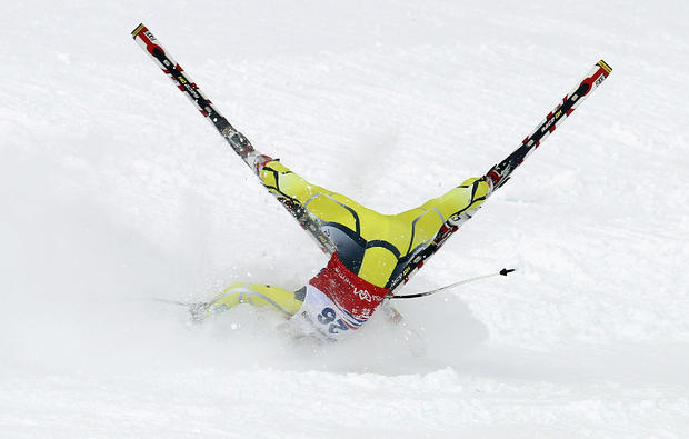 Lotte Smiseth Sejersted lands on the snow as she crashes during a women's World Cup downhill 