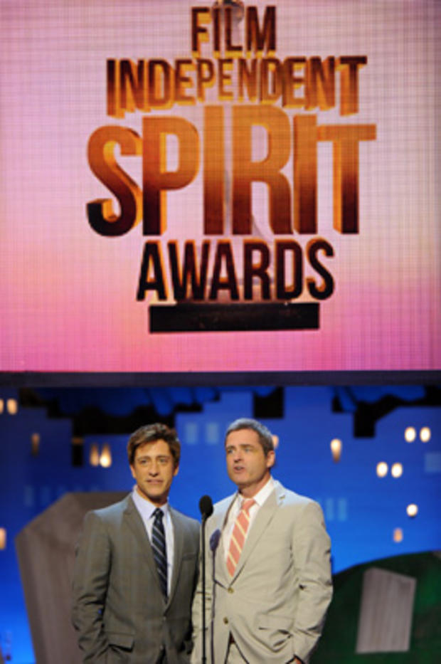 Film Independent's co-chairmen Sean McManus, left, and Josh Welsh speak onstage at the Independent Spirit Awards  