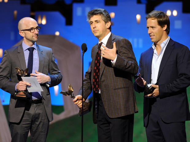 Jim Rash, Alexander Payne, and Nat Faxon accept the best screenplay award for "The Descendants" at the Independent Spirit Awards  