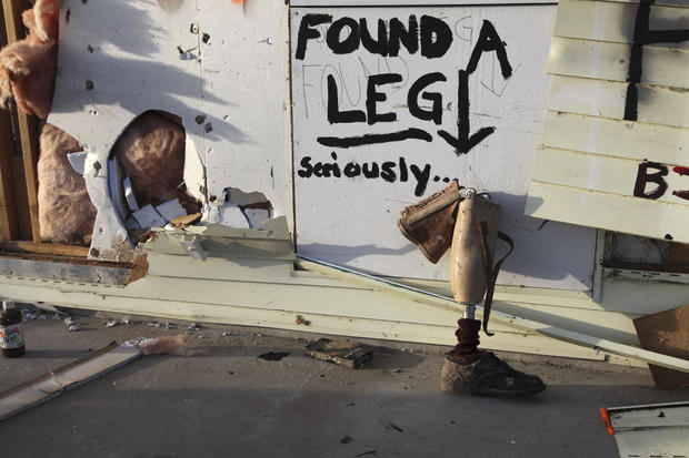 A prosthetic leg found among the debris caused by a tornado 