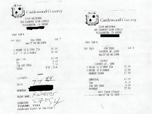 Scherer dinner receipt from March 7, 2008 - the last time the couple was seen 