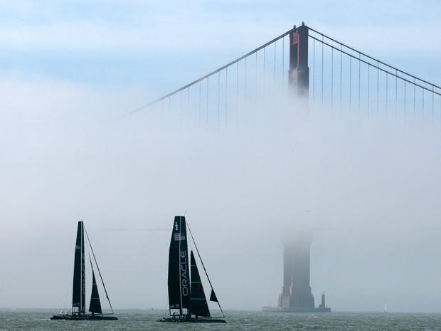 A pair of Oracle Racing AC45s sail past the Golden Gate Bridge in San Francisco Feb. 21, 2012. 