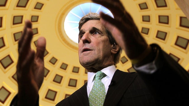 Sen. John Kerry, D-Mass., speaks to reporters Nov. 21, 2011, on Capitol Hill in Washington. 