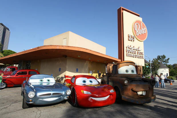 Lightning McQueen, Mater and Finn McMissile of "Cars 2" Roll Into Bob's Big Boy 