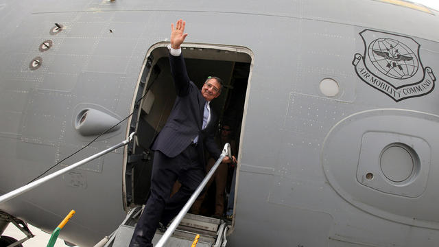 Secretary of Defense Leon Panetta waves as he prepares to leave Afghanistan March 15, 2012, in Kabul, Afghanistan. 