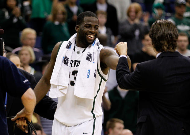 Draymond Green of the Michigan State Spartans celebrates after defeating the LIU Brooklyn Blackbirds 