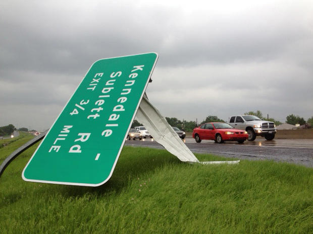 A sign is destroyed from a passing storm in South Arlington 