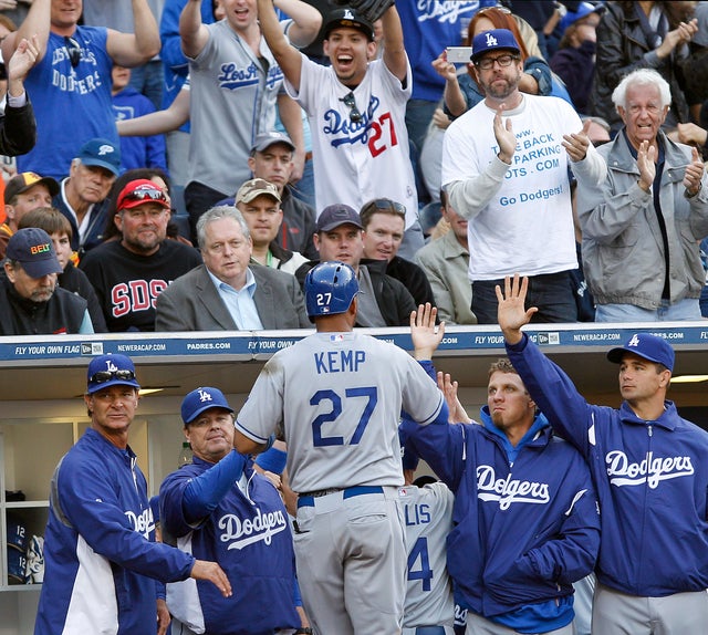 Matt Kemp is greeted after hitting a two-run home run 