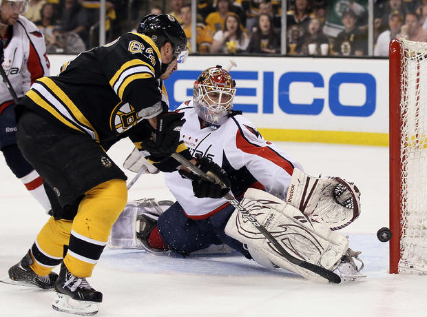 Braden Holtby stops a shot by Brad Marchand 